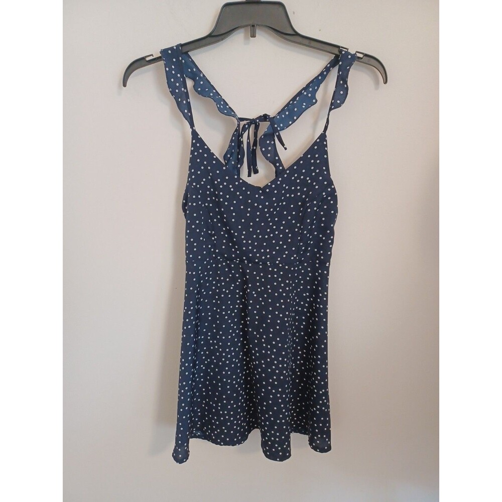 Navy Blue Polka Dot Halter Sundress S Sleeveless Rockabilly Mini Fit Flare Artsy